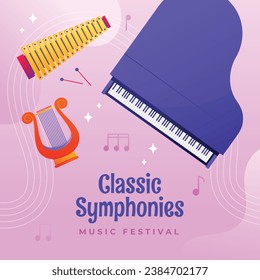Music festival background. Music fest. Music concert design. Musical event. Musicians, instruments. Vector illustration Template for Poster, Banner, Flyer, Invitation, Card, Social media Post, Cover.