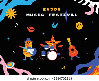 Music festival background. Music fest. Music concert design. Musical event. Musicians, instruments. Vector illustration Template for Poster, Banner, Flyer, Invitation, Card, Social media Post, Cover.