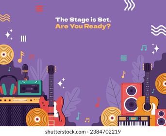 Music festival background. Music fest. Music concert design. Musical event. Musicians, instruments. Vector illustration Template for Poster, Banner, Flyer, Invitation, Card, Social media Post, Cover.