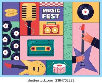 Music festival background. Music fest. Music concert design. Musical event. Musicians, instruments. Vector illustration Template for Poster, Banner, Flyer, Invitation, Card, Social media Post, Cover.