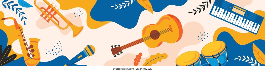 Music festival background. Music fest. Music concert design. Musical event. Musicians, instruments. Vector illustration Template for Poster, Banner, Flyer, Invitation, Card, Social media Post, Cover.