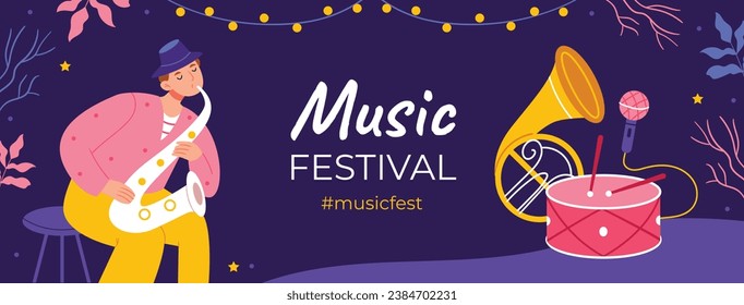 Music festival background. Music fest. Music concert design. Musical event. Musicians, instruments. Vector illustration Template for Poster, Banner, Flyer, Invitation, Card, Social media Post, Cover.