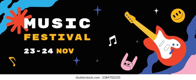 Music festival background. Music fest. Music concert design. Musical event. Musicians, instruments. Vector illustration Template for Poster, Banner, Flyer, Invitation, Card, Social media Post, Cover.