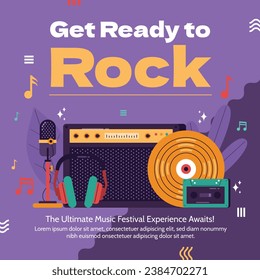 Music festival background. Music fest. Music concert design. Musical event. Musicians, instruments. Vector illustration Template for Poster, Banner, Flyer, Invitation, Card, Social media Post, Cover.