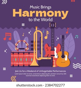 Music festival background. Music fest. Music concert design. Musical event. Musicians, instruments. Vector illustration Template for Poster, Banner, Flyer, Invitation, Card, Social media Post, Cover.