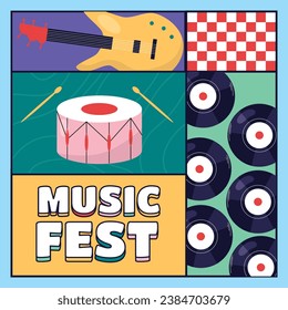 Music festival background. Music fest. Music concert design. Musical event. Musicians, instruments. Vector illustration Template for Poster, Banner, Flyer, Invitation, Card, Social media Post, Cover.