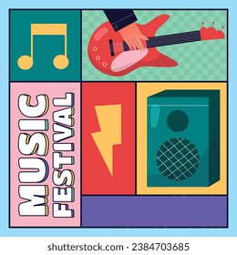 Music festival background. Music fest. Music concert design. Musical event. Musicians, instruments. Vector illustration Template for Poster, Banner, Flyer, Invitation, Card, Social media Post, Cover.