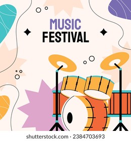 Music festival background. Music fest. Music concert design. Musical event. Musicians, instruments. Vector illustration Template for Poster, Banner, Flyer, Invitation, Card, Social media Post, Cover.