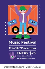 Music festival background. Music fest. Music concert design. Musical event. Musicians, instruments. Vector illustration Template for Poster, Banner, Flyer, Invitation, Card, Social media Post, Cover.