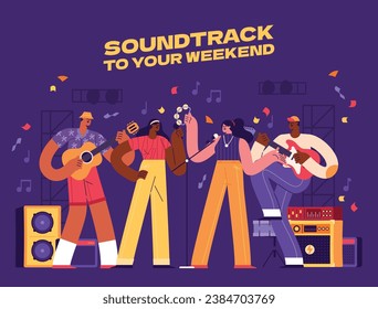 Music festival background. Music fest. Music concert design. Musical event. Musicians, instruments. Vector illustration Template for Poster, Banner, Flyer, Invitation, Card, Social media Post, Cover.