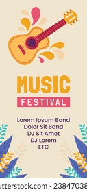Music festival background. Music fest. Music concert design. Musical event. Musicians, instruments. Vector illustration Template for Poster, Banner, Flyer, Invitation, Card, Social media Post, Cover.