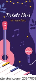 Music festival background. Music fest. Music concert design. Musical event. Musicians, instruments. Vector illustration Template for Poster, Banner, Flyer, Invitation, Card, Social media Post, Cover.