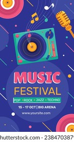 Music festival background. Music fest. Music concert design. Musical event. Musicians, instruments. Vector illustration Template for Poster, Banner, Flyer, Invitation, Card, Social media Post, Cover.