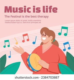 Music festival background. Music fest. Music concert design. Musical event. Musicians, instruments. Vector illustration Template for Poster, Banner, Flyer, Invitation, Card, Social media Post, Cover.