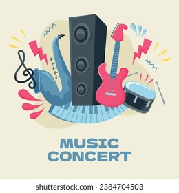 Music festival background. Music fest. Music concert design. Musical event. Musicians, instruments. Vector illustration Template for Poster, Banner, Flyer, Invitation, Card, Social media Post, Cover.