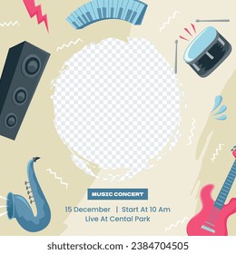 Music festival background. Music fest. Music concert design. Musical event. Musicians, instruments. Vector illustration Template for Poster, Banner, Flyer, Invitation, Card, Social media Post, Cover.