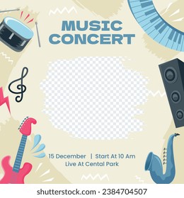 Music festival background. Music fest. Music concert design. Musical event. Musicians, instruments. Vector illustration Template for Poster, Banner, Flyer, Invitation, Card, Social media Post, Cover.