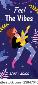 Music festival background. Music fest. Music concert design. Musical event. Musicians, instruments. Vector illustration Template for Poster, Banner, Flyer, Invitation, Card, Social media Post, Cover.