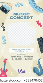 Music festival background. Music fest. Music concert design. Musical event. Musicians, instruments. Vector illustration Template for Poster, Banner, Flyer, Invitation, Card, Social media Post, Cover.