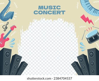 Music festival background. Music fest. Music concert design. Musical event. Musicians, instruments. Vector illustration Template for Poster, Banner, Flyer, Invitation, Card, Social media Post, Cover.
