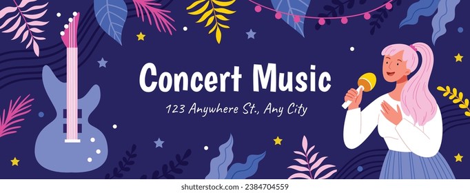 Music festival background. Music fest. Music concert design. Musical event. Musicians, instruments. Vector illustration Template for Poster, Banner, Flyer, Invitation, Card, Social media Post, Cover.