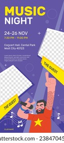 Music festival background. Music fest. Music concert design. Musical event. Musicians, instruments. Vector illustration Template for Poster, Banner, Flyer, Invitation, Card, Social media Post, Cover.