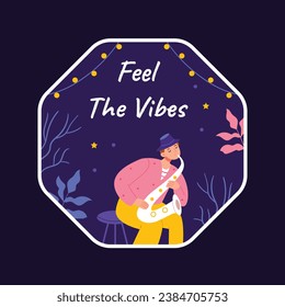 Music festival background. Music fest. Music concert design. Musical event. Musicians, instruments. Vector illustration Template for Label, Sticker, Poster, Invitation, Card, Social media Post.