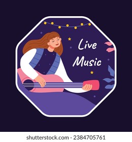 Music festival background. Music fest. Music concert design. Musical event. Musicians, instruments. Vector illustration Template for Label, Sticker, Poster, Invitation, Card, Social media Post.