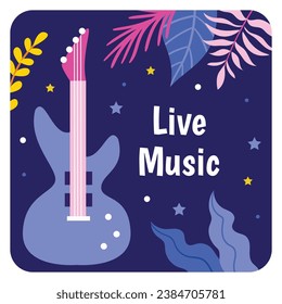 Music festival background. Music fest. Music concert design. Musical event. Musicians, instruments. Vector illustration Template for Label, Sticker, Poster, Invitation, Card, Social media Post.