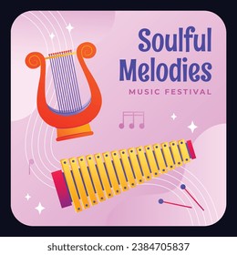 Music festival background. Music fest. Music concert design. Musical event. Musicians, instruments. Vector illustration Template for Label, Sticker, Poster, Invitation, Card, Social media Post.