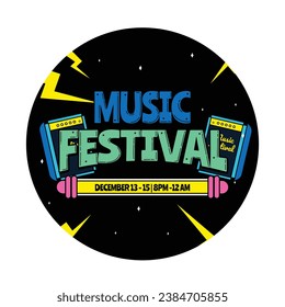Music festival background. Music fest. Music concert design. Musical event. Musicians, instruments. Vector illustration Template for Label, Sticker, Poster, Invitation, Card, Social media Post.