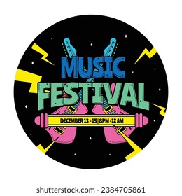 Music festival background. Music fest. Music concert design. Musical event. Musicians, instruments. Vector illustration Template for Label, Sticker, Poster, Invitation, Card, Social media Post.