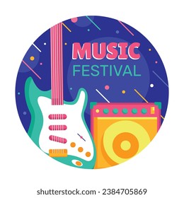 Music festival background. Music fest. Music concert design. Musical event. Musicians, instruments. Vector illustration Template for Label, Sticker, Poster, Invitation, Card, Social media Post.