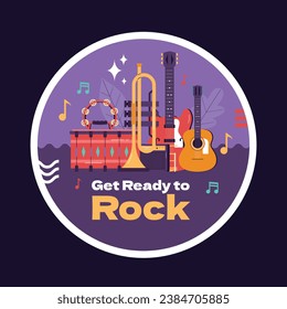 Music festival background. Music fest. Music concert design. Musical event. Musicians, instruments. Vector illustration Template for Label, Sticker, Poster, Invitation, Card, Social media Post.