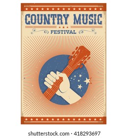 Music festival background with guitar and hand.Vector isolated poster on old paper on white