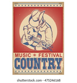 music festival background with musician playing guitar.Vector retro poster with text