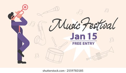 Music festival background. Poster design for jazz concert. Musician and instruments. Template for poster, banner, flyer, invitation, postcard. Illustration