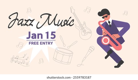 Music festival background. Poster design for jazz concert. Musician and instruments. Template for poster, banner, flyer, invitation, postcard. Illustration