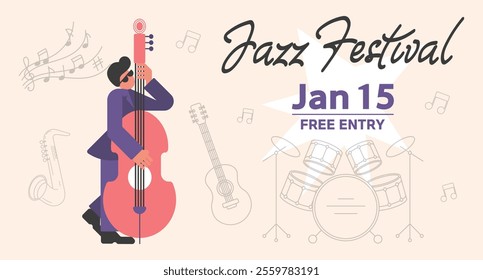 Music festival background. Poster design for jazz concert. Musician and instruments. Template for poster, banner, flyer, invitation, postcard. Illustration