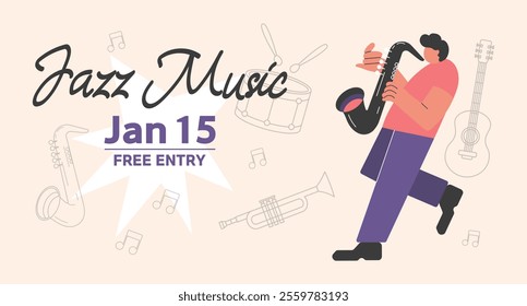 Music festival background. Poster design for jazz concert. Musician and instruments. Template for poster, banner, flyer, invitation, postcard. Illustration