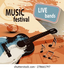 Music festival background with retro guitar