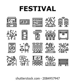 Music Festival Band Equipment Icons Set Vector. Singer Singing In Microphone And Orchestra Playing On Musician Instrument, Rock And Classical Music Concert Festive Event Black Contour Illustrations