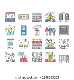 Music Festival Band Equipment Icons Set Vector. Singer Singing In Microphone And Orchestra Playing On Musician Instrument, Rock And Classical Music Concert Festive Event Line. Color Illustrations