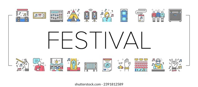 Music Festival Band Equipment Icons Set Vector. Singer Singing In Microphone And Orchestra Playing On Musician Instrument, Rock And Classical Music Concert Festive Event Line. Color Illustrations