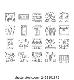 Music Festival Band Equipment Icons Set Vector. Singer Singing In Microphone And Orchestra Playing On Musician Instrument, Rock And Classical Music Concert Festive Event Black Contour Illustrations