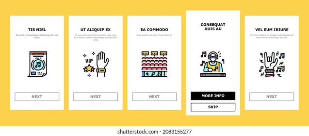 Music Festival Band Equipment Onboarding Mobile App Page Screen Vector. Singer Singing In Microphone And Orchestra Playing On Musician Instrument, Rock Classical Music Festive Event. Illustrations