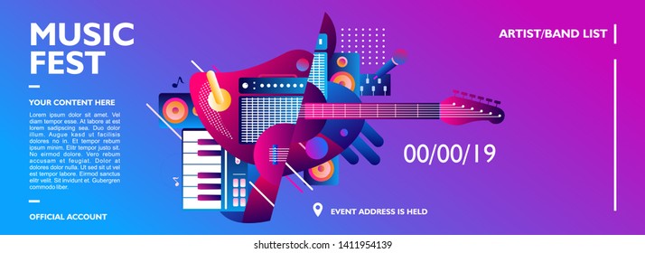 Music festival banner design template for event, party and concert. With colorful music instrument shape on gradient color