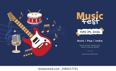 Music festival banner, flyer, poster templates. Music event design concept with guitar, microphone, snare, musical notes.