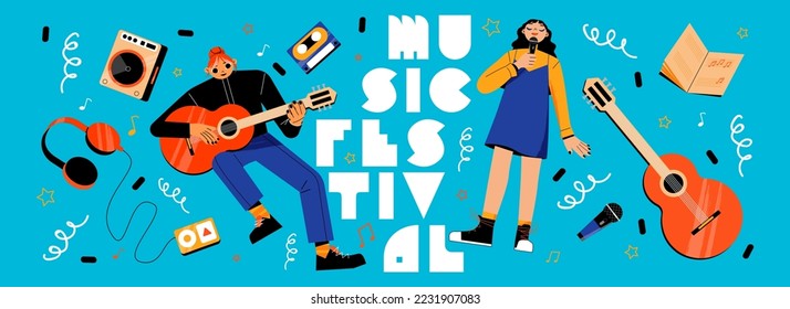 Music festival banner with girls singing and playing guitar. Young woman sing with microphone and musical items around. Entertainment, fest or concert amusement promo Line art flat vector illustration