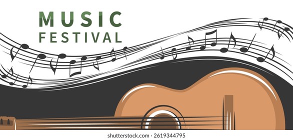 Festival de música. Banner com guitarra e partitura. Ilustração vetorial para eventos musicais, capa de convite, publicidade. 
